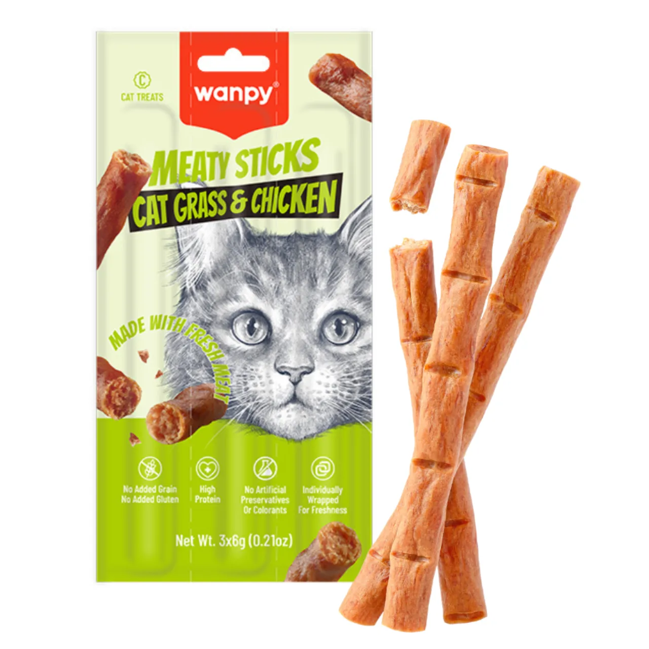 Wanpy Kat Meaty Sticks med Kattegræs og Kylling 3 x 6 g